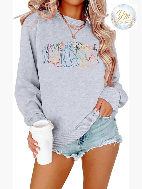 Tops - Crewneck Sweatshirt Embroidered Fantasy Castle Pullover Long Sleeve Top